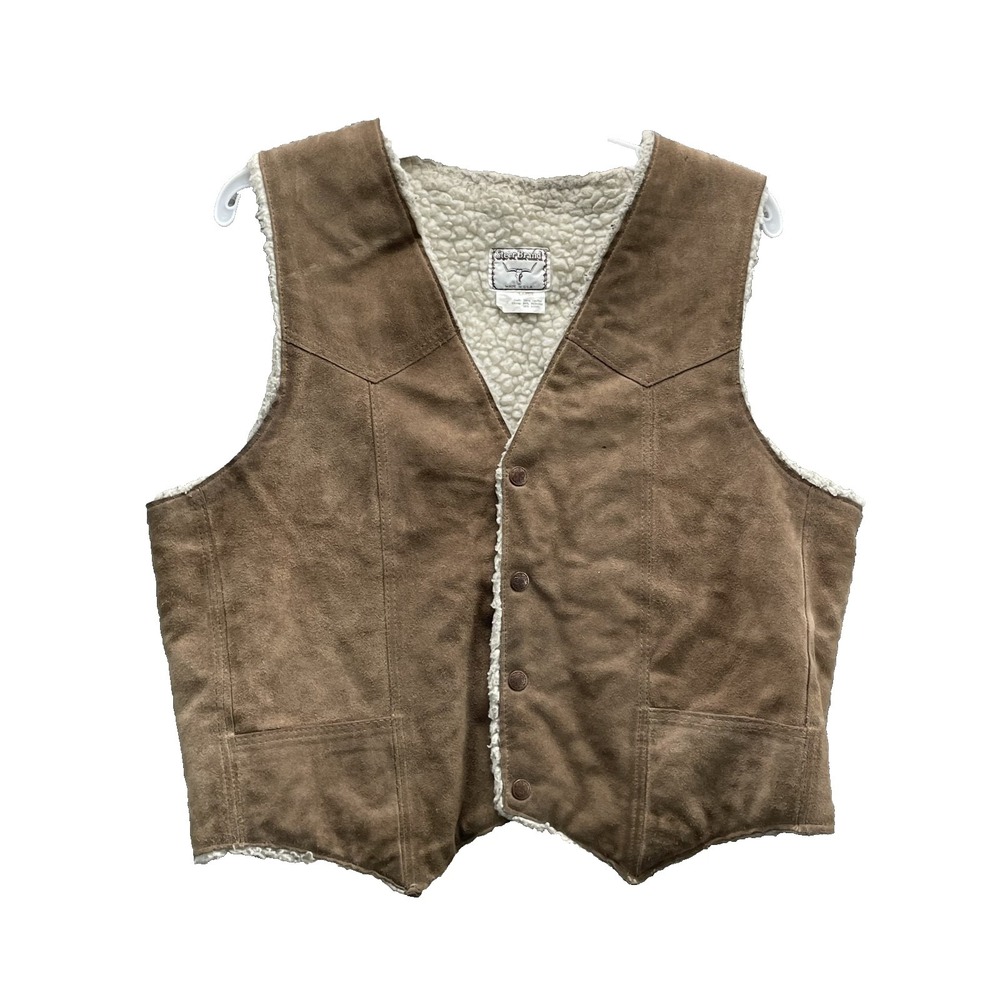 VTG Steer Brand Suede Leather Vest Men's Large Sherpa Lined Western 70s Hunt USA
